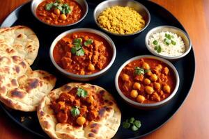 indisk kök. blandad indisk mat Inklusive kikärtor, curry, masala och naan. generativ ai foto