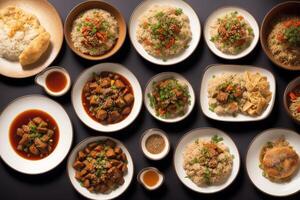 kinesisk kök. kinesisk mat, ljuv och sur fläsk i brun soja sås eras med ris. generativ ai foto