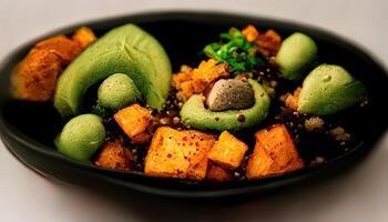 särskild skål buddha. bovete, pumpa, kyckling filea, avokado, morötter, på en svart bakgrund. generativ ai foto