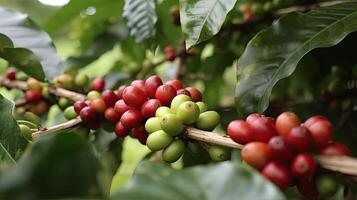 kaffe träd med röd kaffe bönor på kaffe plantage. generativ ai foto