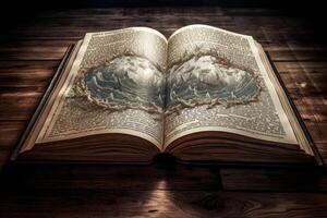 gammal magi bok i gammal rum. fantasi, natur eller inlärning begrepp. generativ ai foto