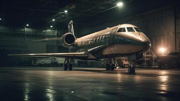 en privat jet stående i en hangar på natt, genererad ai bild foto