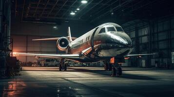 en privat jet stående i en hangar på natt, genererad ai bild foto