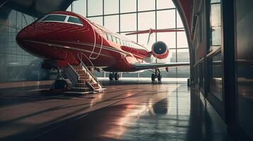 privat jet på bana med en röd matta rullad till de dörr, genererad ai bild foto