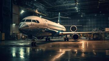 en privat jet stående i en hangar på natt, genererad ai bild foto