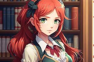 illustration av ett anime skol med grön ögon och röd hårstrån, bibliotek bakgrund ai genererad foto