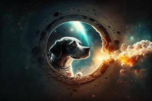 Plats hund som förs in i i en lysande svart hål med planeter och stjärna i bakgrund llustration ai genererad foto