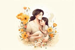 mors dag hälsning kort med familj och blommor. vektor illustration. generativ ai foto