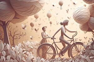 mor dag. mor med barn ridning cykel och varm luft ballonger flygande i de himmel. generativ ai foto