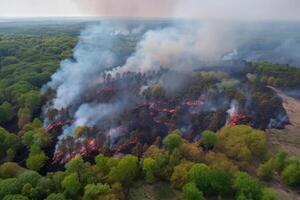 brand i de skog i sommar med rök, naturlig katastrof, kataklysm. ai genererad. foto