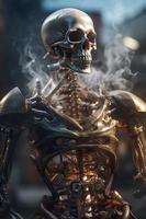 saga steampunk robot skelett framträder från de flytande koppar. ångande hjärta och lungor inuti hans bröst. gående genom de steampunk stad, generera ai foto