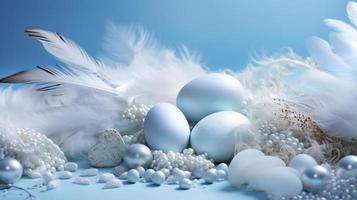 en ljus blå bakgrund med ett vit ner fjädrar och ägg, i de stil av mjuk och drömmande pasteller, glittrande ljus effekter, naturinspirerad bilder, generat ai foto