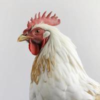 porträtt av en ingefära kyckling stående isolerat på vit bakgrund, profil se av en kyckling vit bakgrund, fotorealistisk, hyperrealism, generera ai foto