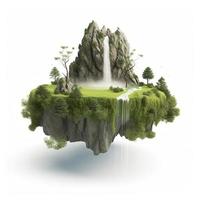 flytande fantasi ö, med vattenfall och grön gräs och träd, berg, himmel Rör på flygande bit av landa, moln, isolerat på vit bakgrund, generat ai foto