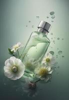 en små flaska med blommor är flygande runt om, i de stil av minimal retuschering, gong bi, mjuk Färg blandning, ljus grön och vit, skiktad bilder, generat ai foto