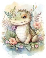 drömmande vattenfärg söt Lycklig chibi krokodil med blommig saga bakgrund, generat ai foto