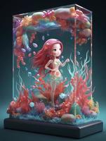 mycket söt hav element sprite flicka med lång hår på under vattnet värld, lutning Färg, lysande transparent korall och blommor, växande uppåt, generera ai foto