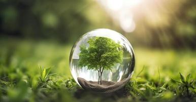 Foto glas klot boll med träd växande och grön natur fläck bakgrund eco jord dag begrepp, generat ai
