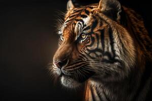 stänga upp av en tigrar ansikte på en svart bakgrund. generativ ai. foto