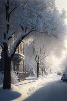 gata fylld med massor av snö täckt träd. generativ ai. foto