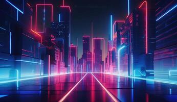 abstrakt begrepp av de urban gata på natt, röd blå neon stad, bakgrund med geometrisk former och lysande lampor . ai genererad foto