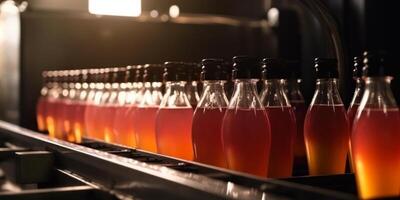 soda vatten med citrus- juice, produktion av citronsaft i glas flaska generativ ai foto