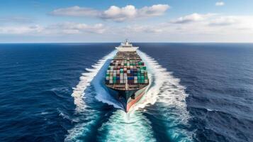 frakt fartyg med behållare i hav, internationell havs logistik generativ ai foto