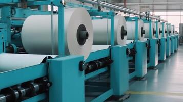 rullar av industriell bomull tyg för Kläder trasa textil- tillverkning , ai genererad bild foto