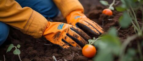 närbild bild av kvinna s händer i trädgårdsarbete handskar plantering tomat. foto
