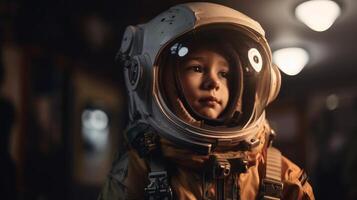 liten unge bär rymddräkt. kosmonaut begrepp. ai genererad. foto