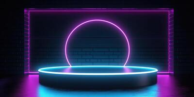 generativ ai, sci-fi trogen neon lysande baner med podium. abstrakt cyberpunk bakgrund för befordran varor. attrapp mall foto