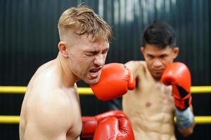 muay thai, de krigisk konst av thailand, kraft slag in i de ansikte av de motståndare. kapabel till nederlag motståndare förbi knockout. foto