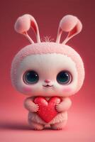 tecknad serie kanin innehav en hjärta på en rosa bakgrund. generativ ai. foto