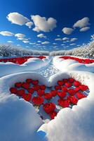 hjärta tillverkad ut av röd ro i de snö. generativ ai. foto