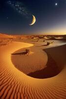 öken- på natt med en halvmåne i de himmel. generativ ai. foto