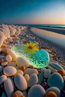 glas skål Sammanträde på topp av en sandig strand. generativ ai. foto