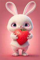 stänga upp av en kanin innehav en jordgubbe. generativ ai. foto