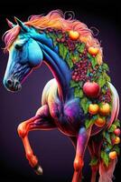 färgrik häst med en massa av frukt på dess tillbaka. generativ ai. foto