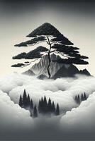 svart och vit målning av en träd på topp av en berg. generativ ai. foto