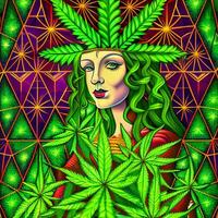 målning av en kvinna med marijuana löv på henne huvud. generativ ai. foto
