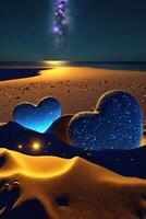 par av blå hjärtan Sammanträde på topp av en sandig strand. generativ ai. foto