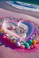 hjärta tillverkad ut av stenar på en strand. generativ ai. foto
