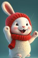vit kanin bär en röd hatt och scarf. generativ ai. foto
