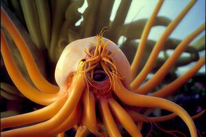 stänga upp av ett bläckfisk huvud på en växt. generativ ai. foto