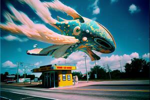 fisk den där är flygande över en gas station. generativ ai. foto