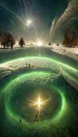 grön spiral i de mitten av en snö täckt fält. generativ ai. foto