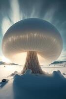 svamp tycka om objekt Sammanträde på topp av en snö täckt jord. generativ ai. foto