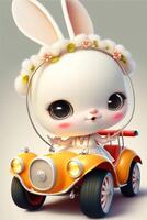 tecknad serie kanin körning en små orange bil. generativ ai. foto