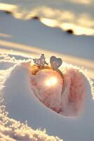diamant ringa i de form av en hjärta i de snö. generativ ai. foto