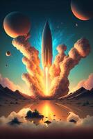 målning av en raket tar av in i de himmel. generativ ai. foto